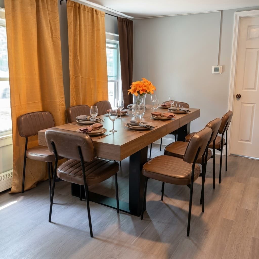 Communal dining area featuring a large dark wood dining table with eight leather armchairs