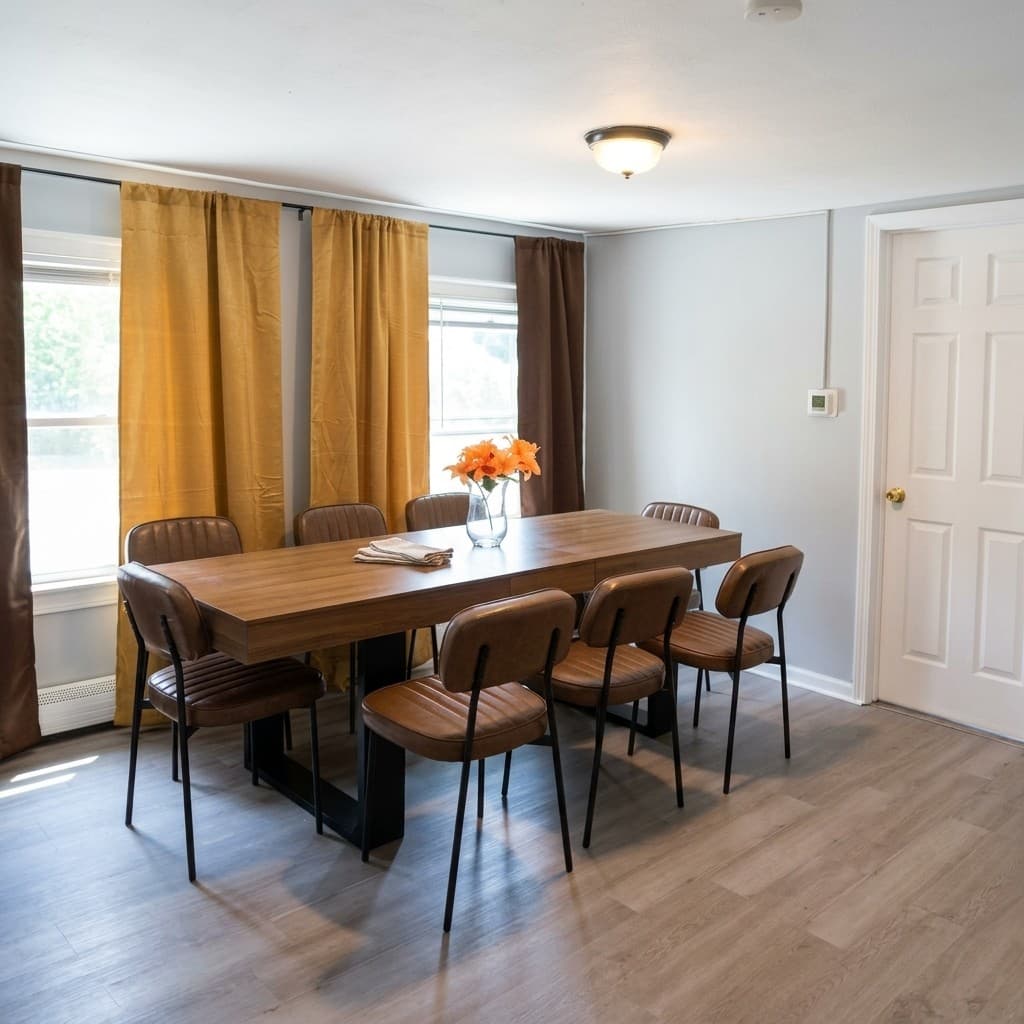 Bright dining room with a wooden dining table, chairs, and natural window light with mustard curtains